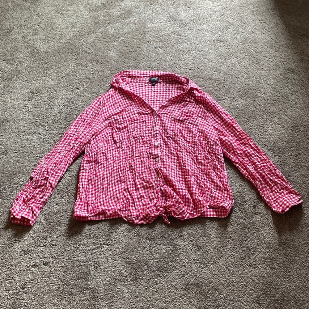 Jones New York Pink Gingham Button Front Top SIZE XXL Long Sleeve Casual
